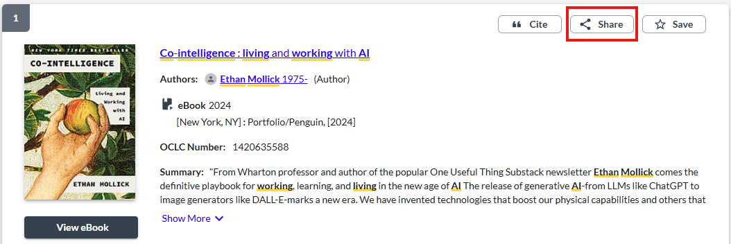 Image of Tools options on search results: Cite, Add to project, Share, and Download. The Share option is highlighted.